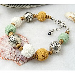 Разноцветный Браслеты из вулканического камня, с бусинами сплава, Деревянные бусины, железные цепи и застежками сплава омаров, красочный, 190 мм, шарик: 12 мм