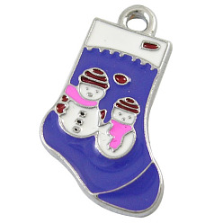 Фиолетовый Подвески из эмали и сплава, рождественский чулок прелести для праздника изготовления ювелирных изделий, без свинца и без кадмия, Платиновый металл, фиолетовые, длиной около 24 мм , шириной 16 мм , толщиной 2 мм , отверстие : 2 мм