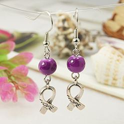 Фиолетовый Свисают ленты серьги осведомленности, кулоны тибетского стиля, стеклянные бусы и серьги крюк латуни, фиолетовые, 47 мм