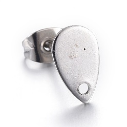 Нержавеющая Сталь Цвет Не тускнеет 304 фурнитура для сережек-гвоздиков из нержавеющей стали, с плоской пластиной, слеза, цвет нержавеющей стали, 10x6x0.6 мм, отверстие : 1.2 мм, штифты : 0.7 мм