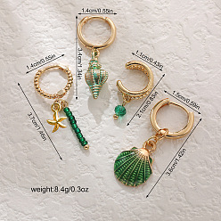 Зеленый 4комплекты из латунных стеклянных серег-колец и серег-манжет, форма раковины и морская звезда, с эмалью, золотые, зелёные, 21~37x11~15 мм