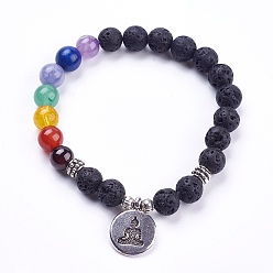 Mixed Stone Chakra Natural Mixed Stone Charm Bracelets, with Alloy Finding, Burlap Packing Pouches Drawstring Bags, Flat Round with Om Symbol, Antique Silver, 2 inch(50mm)