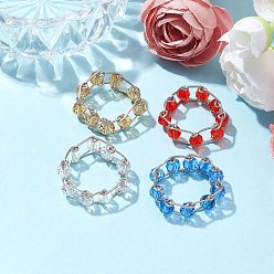 Mixed Color Round Glass Beaded Finger Rings, with Brass Findings, Mixed Color, US Size 7 1/4(17.5mm)