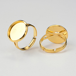 Golden Adjustable Brass Ring Components, Pad Ring Findings, with Flat Round Cabochon Bezel Settings, Golden, Tray: 12mm, 17mm