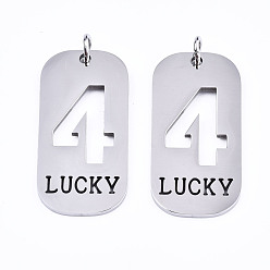 Number Non-Tarnish 201 Stainless Steel Pendants, Laser Cut, with Jump Rings, Rectangle with Number and Word LUCKY, Stainless Steel Color, Num.4, 35x17x1.5mm, Jump Ring: 6x1mm, Inner Diameter: 4mm
