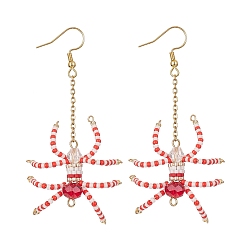 Golden Halloween Spider Dangle Earrings, Seed Beads Long Drop Earring with 304 Stainless Steel Earring Hooks, Golden, 73x44mm