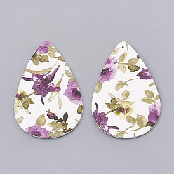 Medium Orchidee Große Lederimitatanhänger, Träne mit Blume, Medium Orchidee, 55.5x36x1.5 mm, Bohrung: 1 mm
