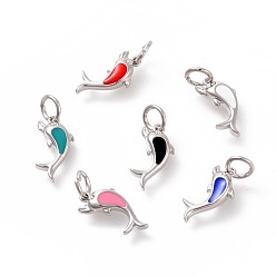 (52) Непрозрачная лаванда Латунные подвески, с эмалью, дельфин, платина, разноцветные, 16x8x3 мм, отверстие : 4 мм