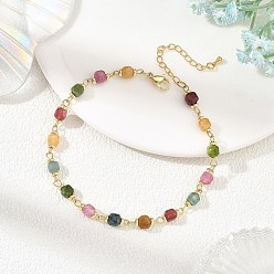 Colorful Natural Multicolor Tourmaline Faceted Cube Beaded Chain Anklets, Brass Jewelry for Women, Golden, Colorful, 9-1/4 inch(234mm)