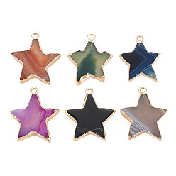 Mixed Color Natural Agate Pendants, with Light Gold Plated Iron Findings, Star, Dyed & Heated, Mixed Color, 29~34x25~31x4~6.5mm, Hole: 2mm
