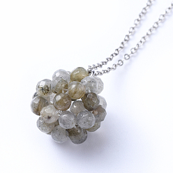 Labradorite Pendant Necklaces, with Handmade Natural Labradorite Woven Beads, Ball Cluster Beads and Brass Cable Chains, 18.30 inch(46.5cm)
