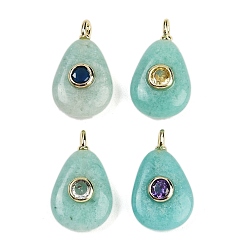 Амазонит Природные подвески амазонит, подвески в форме слезы с латунной микропаве с кубическими цирконами разных цветов, золотые, 20x12x6.5 мм, отверстие : 2x1 мм