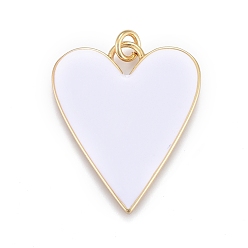 White Brass Enamel Pendants, Real 18K Gold Plated, Long-Lasting Plated, Heart, White, 27x22x2mm, Hole: 3mm, jump rings: 5x1mm