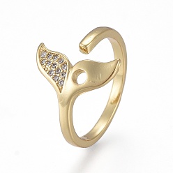 Real 18K Gold Plated Brass Micro Pave Clear Cubic Zirconia Cuff Rings, Open Rings, Long-Lasting Plated, Fishtail, Real 18K Gold Plated, US Size 7 1/4(17.5mm)