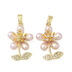 Лавандовый румянец Латунные микро проложить кубического циркония подвески, без кадмия и без свинца, цветок, с абс пластиковым перламутром и эмалью, реальный 18 k позолоченный, лавандовый румянец, 22.5x15.5x6.5 мм, отверстие : 2.5x4 мм