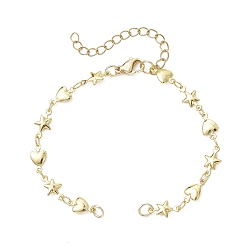 Золотой Изготовление браслета-цепочки со звездой и сердцем из латуни, с 304 из нержавеющей стали Lobster Claw застежками, золотые, 6-3/8 дюйм (16.3 см), отверстие : 3.5 мм