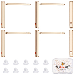 Real 18K Gold Plated 40Pcs Brass Stud Earring Findings, with Hole and 50Pcs Plastic Ear Nuts, Rectangle Bar, Real 18K Gold Plated, 12.5x1.5mm, Hole: 0.8mm, Pin: 0.7mm