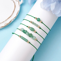 Зеленый Авантюрин 5шт 5 стили браслеты из плетеных бусин из натурального зеленого авантюрина, с нейлоновым шнуром, внутренний диаметр: 3-1/4 дюйм (8.4 см)