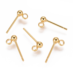 Golden 304 Stainless Steel Ear Stud Components, with Loop, Ball, Golden, 14x3mm, Hole: 1.8mm, Pin: 0.7mm