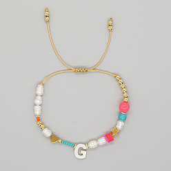 Letter G Initial Letter Natural Pearl Braided Bead Bracelet, Adjustable Bracelet, Letter G, 11 inch(28cm)