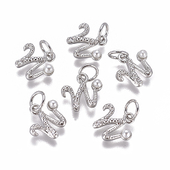 Letter W Латунь прелести, с фианитами и оболочки жемчужиной шарик, буквы, платина, прозрачные, буква.w, 9.5~11x3.5~10.8x3~3.5 мм, отверстие : 3.5 мм