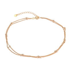 Real 18K Gold Plated Brass Curb Chains Double Layer Necklaces, with Heart 304 Stainless Steel Charms, Brass Round Beads and Spring Ring Clasps, Real 18K Gold Plated, 13.97 inch(35.5cm), 1.3~2.6mm