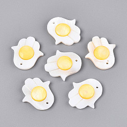 Шампанско-Желтый Природные подвески оболочки пресноводных, hamsa hand charms, смешанные окрашенные и неокрашенные, шампанское желтый, 26~27x24x5 мм, отверстие : 1.5~1.6 мм