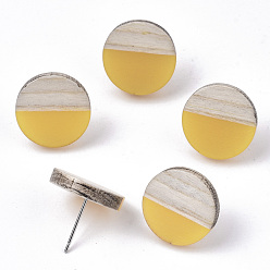 Золотистый Серьги из смолы и дерева, с 304 штифта из нержавеющей стали, плоско-круглые, золотые, 15 мм, штифты : 0.7 мм