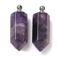 Аметист Кулоны для духов из натурального аметиста, граненые подвески-пули для бутылок с 304 винтовыми дужками из нержавеющей стали, цвет нержавеющей стали, 42~44x16~16.5x14~14.5 мм, отверстие : 2.5 мм