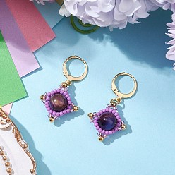 Фиолетовый Серьги-подвески из натурального тигрового глаза, с 304 фурнитурой для сережек с застежкой-ангелом из нержавеющей стали и стеклянными бусинами, золотые, фиолетовые, 35x18.5~19 мм