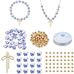 Настоящее золото 18K Наборы для изготовления браслетов своими руками, включая латунные подвески и бусины, фарфоровые керамические бусины и эластичная хрустальная нить, реальный 18 k позолоченный, 30.5x19.5x3 мм, отверстие : 3 мм