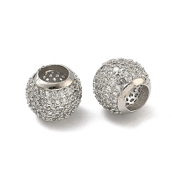 Платина Бочкообразные латунные прозрачные кубические циркониевые европейские бусины, большое отверстие шарик, без кадмия и без свинца, стойки покрытие, долговечный, платина, 10x8.5 мм, отверстие : 5 мм