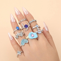 Серебро 10шт. Кольца-манжеты из сплава со стразами, Эмаль стиле, серебряные, внутренний диаметр: 18~20 мм