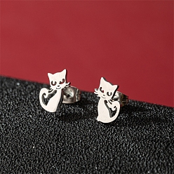 Розовое Золото Серьги шпилька нержавеющая сталь, форма кошки, розовое золото , 11x7 мм