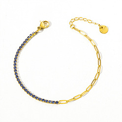 Стально-синий 304 Браслеты из нержавеющей стали с микропаве из кубического циркония, браслеты-цепочки со скрепками для женщин, золотые, стальной синий, 6.69 дюйм (17 см)