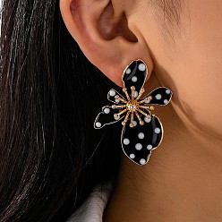 Черный Серьги-гвоздики с железной эмалью, цветок с точечным рисунком, золотые, чёрные, 50x36 мм