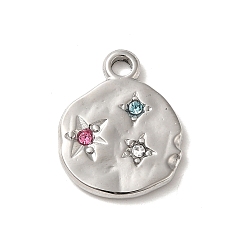 Stainless Steel Color 304 Stainless Steel Pendants, with Colorful Rhinestone, Flat Round with Star Charm, Stainless Steel Color, 18.5x15x2mm, Hole: 2mm