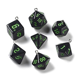 Black 7Pcs 7 Styles Opaque Resin Polyhedral Dice Pendants Set, Multi-Sided Dice Charms with Platinum Plated Iron Loops, Mixed Shapes, Green, Black, 20~28x19~24x17~24mm, Hole: 2mm, 1pc/style