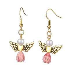 Pink Angel Antique Golden Alloy & Resin Dangle Earrings, Imitation Pearl Acrylic Drop Earrings, Pink, 45x21.5mm