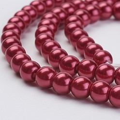 Crimson Eco-Friendly Dyed Glass Pearl Beads Strands, Grade A, Round, Cotton Cord Threaded, Crimson, 5mm, Hole: 1.2~1.5mm, about 80pcs/strand, 15.7 inch