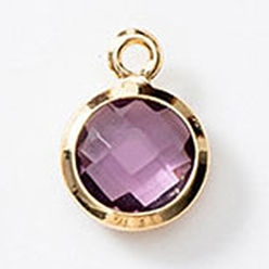Сливовый Подвески из латуни и стекла с камнями рождения, плоско-круглые, граненые, слива, 9 мм, отверстие : 9.2x6.8x3 мм