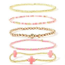  5шт. 5 стили, набор эластичных браслетов ручной работы из латуни и стеклянных бусин, украшения в виде крестиков для женщин, 6.89 дюйм (17.5 см)