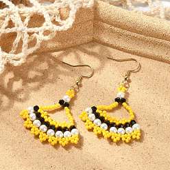 Black Seed Glass Woven Dangle Earrings, Fan, 304 Stainless Steel Dangle Earrings, Real 18K Gold Plated, Black, 57x36mm