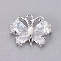 Platinum Brass Cubic Zirconia Pendants, Long-Lasting Plated, Butterfly, Clear, Platinum, 12x15x4mm, Hole: 1.5mm