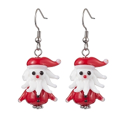 Santa Claus Рождественские стеклянные серьги с подвесками, с латунной фурнитурой , Дед Мороз, 47~48x20~22 мм