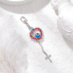 Темно-Голубой Подвеска в виде сердца из стеклянных бусин и лампворк ручной работы от сглаза, с 304 подвесками-крестиками из нержавеющей стали и застежками-лобстерами, глубокое синее небо, 87.5 мм