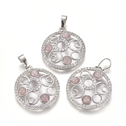 Rose Quartz Natural Rose Quartz Pendants, with Platinum Tone Brass Findings and Crystal Rhinestone, Flat Round, 29x25.5x4.5mm, Hole: 4.5x8mm