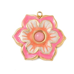 Легкий Лосось Крашеные натуральный белый нефрит подвески, подвески-цветы из эмали из нержавеющей стали, реальный 18 k позолоченный, светлый померанцевый, 21.5x23x3.5 мм, отверстие : 1.4 мм