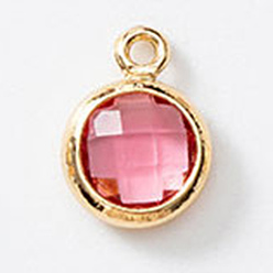 Светло-Коралловый Подвески из латуни и стекла с камнями рождения, плоско-круглые, граненые, свет коралловый, 9 мм, отверстие : 9.2x6.8x3 мм