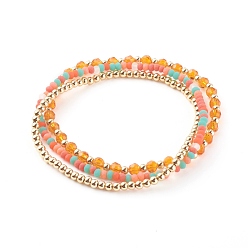 Orange Red Glass & Brass Stretch Beaded Bracelets Sets, Stackable Bracelets, Round & Rondelle, Golden, Orange Red, Inner Diameter: 2 inch(5cm), 2 inch(5.2cm), 2-1/8 inch(5.4cm), 3pcs/set